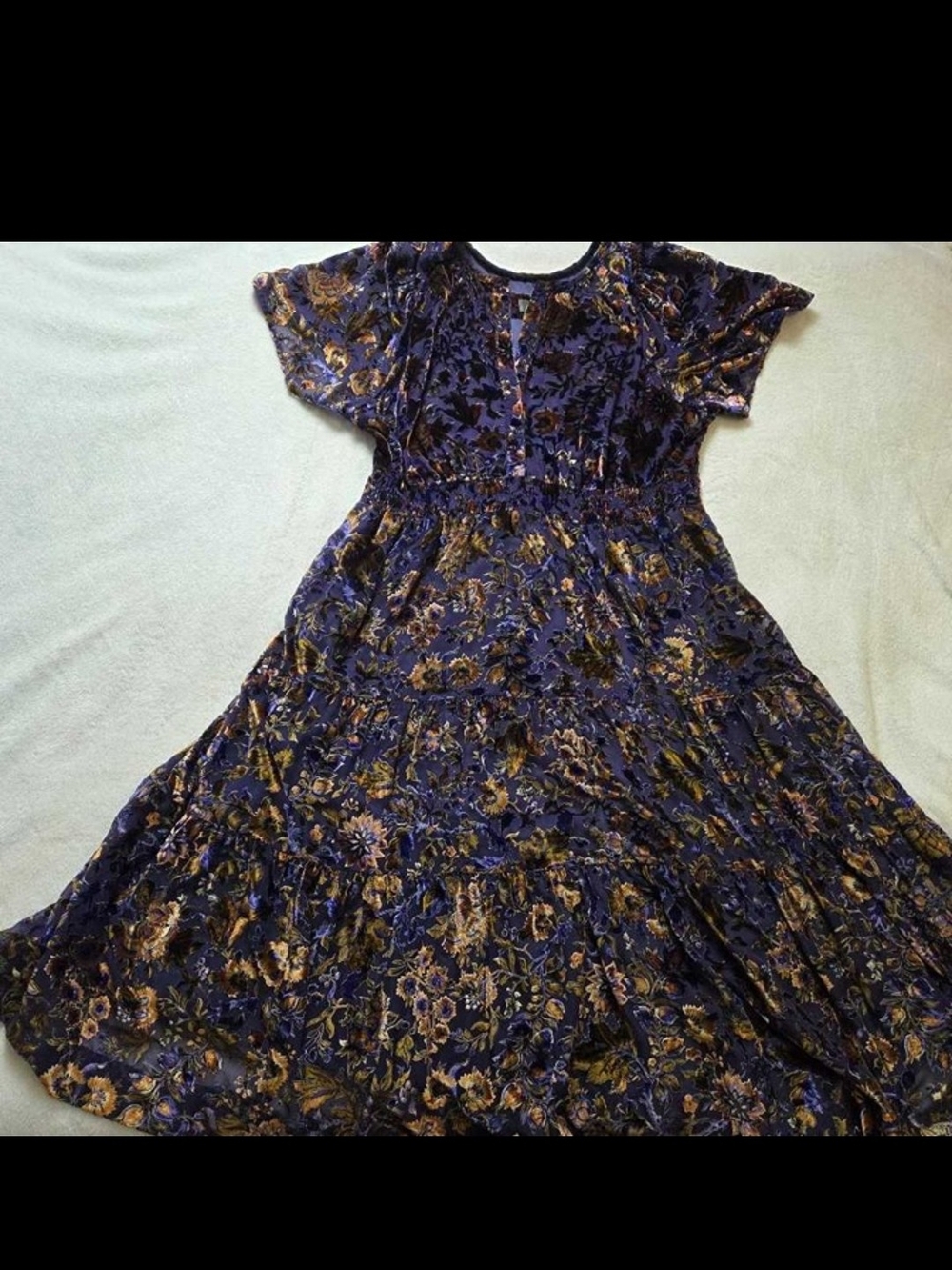 Anthropologie Navy Floral Tiered Midi Dress with Gold Accents